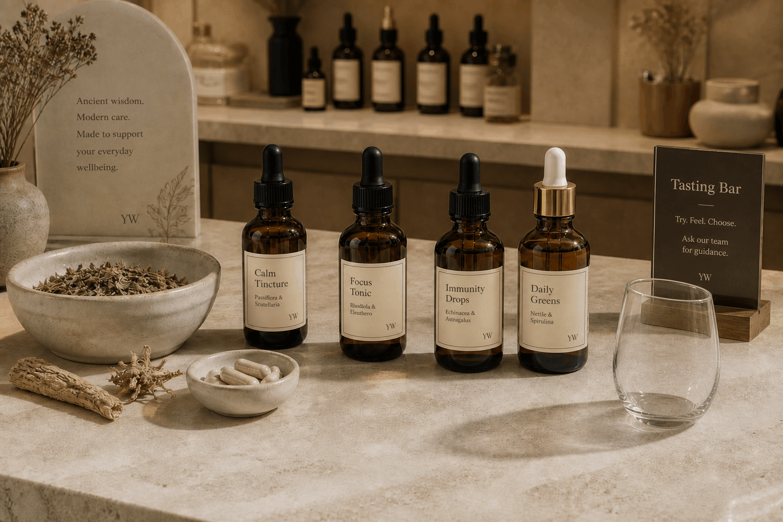 Holistic tinctures and tonics in amber bottles
