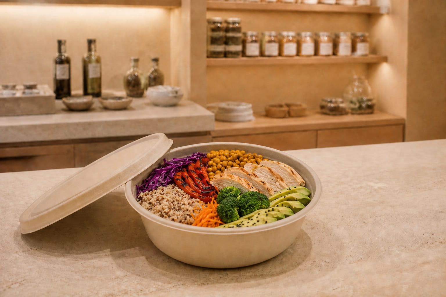 An open eco bowl of quinoa, grilled chicken and vegetables on the Yourwell kitchen counter