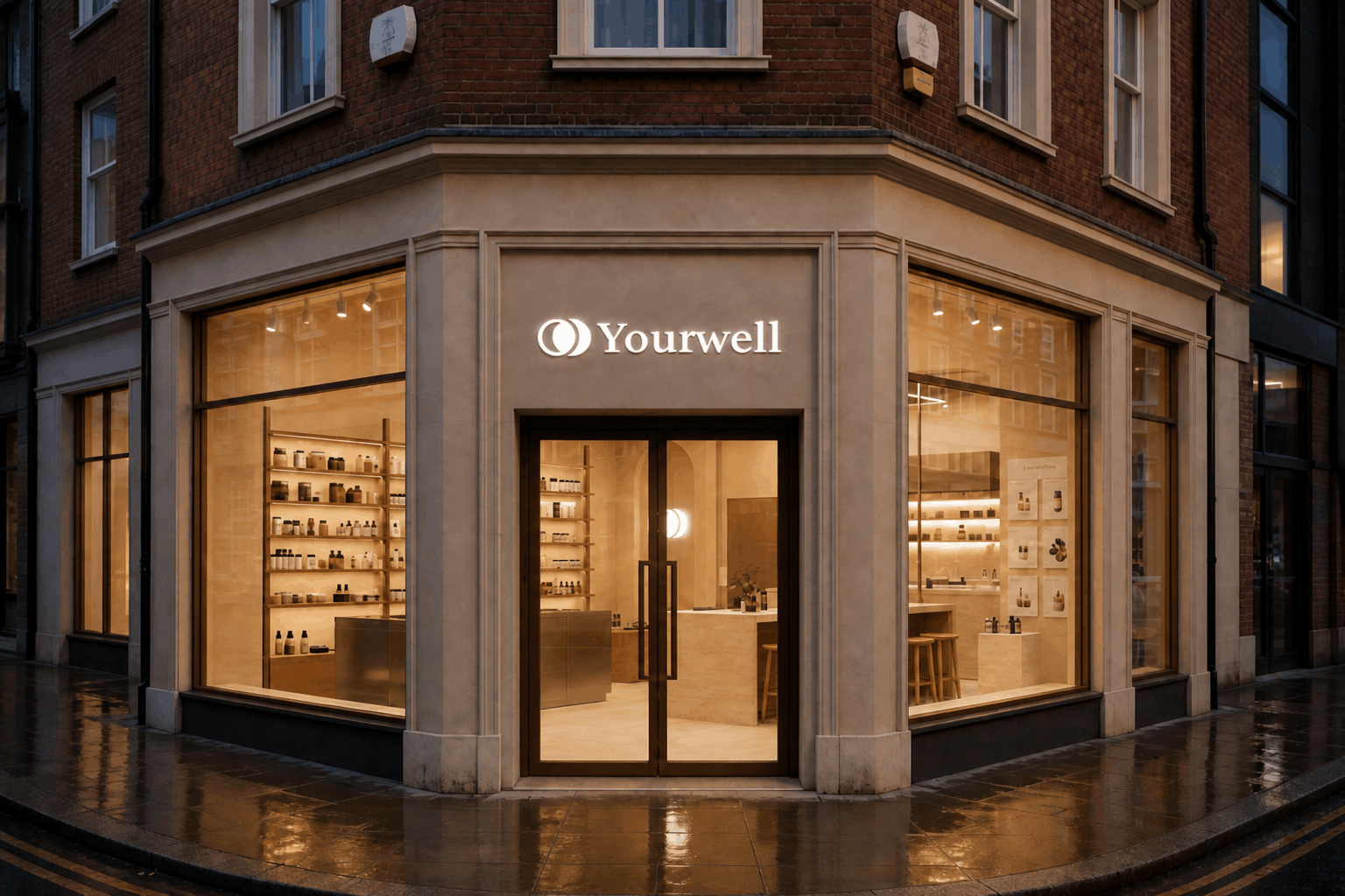 The Yourwell concept store on a London corner, warm light glowing through the shop windows